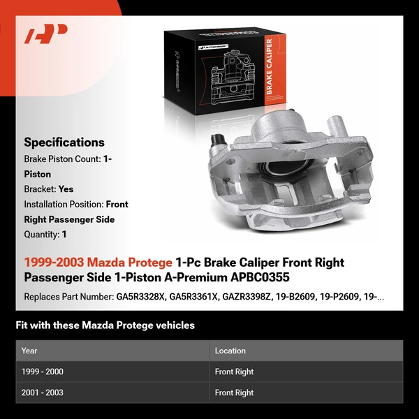 1999-2003 Mazda Protege 1-Pc Brake Caliper Front Right Passenger Side 1-Piston A-Premium APBC0355
