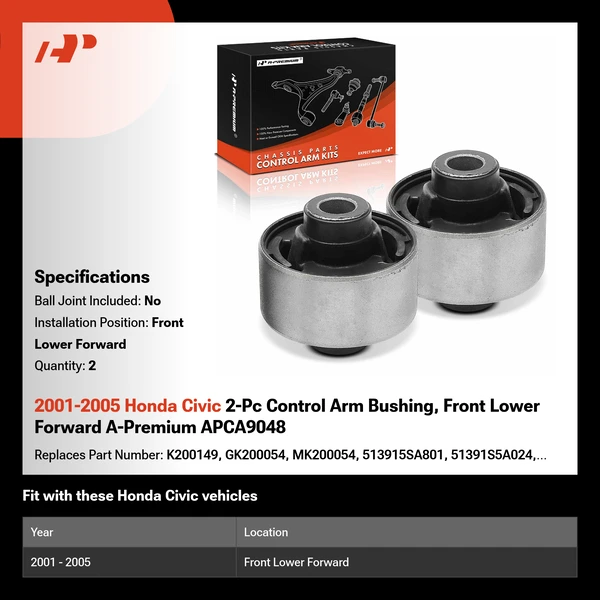 2001-2005 Honda Civic 2-Pc Control Arm Bushing, Front Lower Forward A-Premium APCA9048
