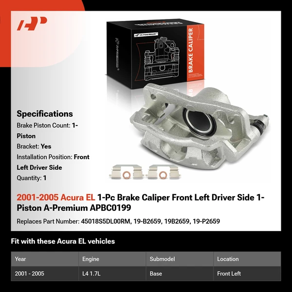 2001-2005 Acura EL 1-Pc Brake Caliper Front Left Driver Side 1-Piston A-Premium APBC0199