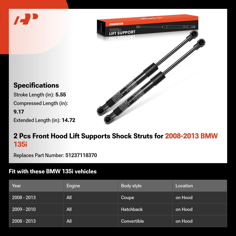 2 Pcs Front Hood Lift Supports Shock Struts for 2008-2013 BMW 135i