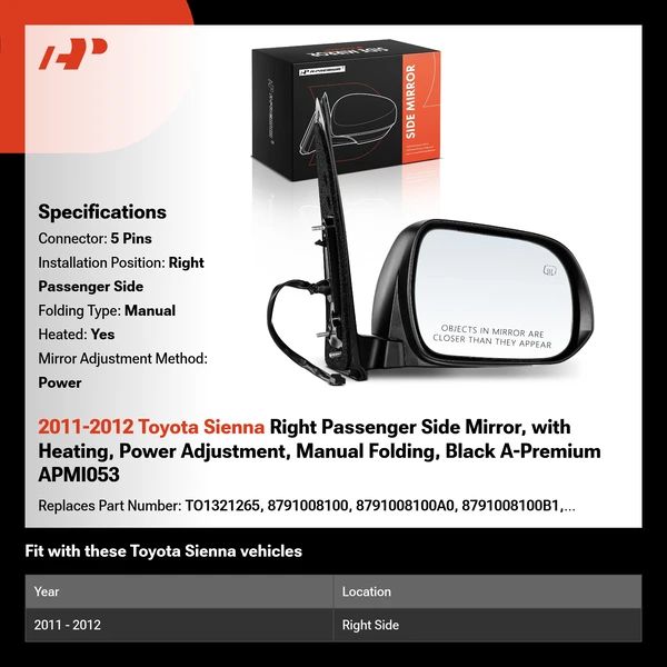 2011-2012 Toyota Sienna Right Passenger Side Mirror, with Heating, Power Adjustment, Manual Folding, Black A-Premium APMI053