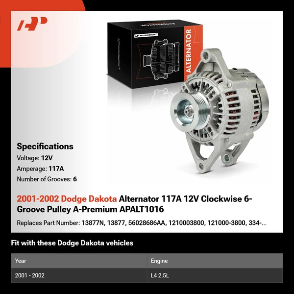 2001-2002 Dodge Dakota Alternator 117A 12V Clockwise 6-Groove Pulley A-Premium APALT1016