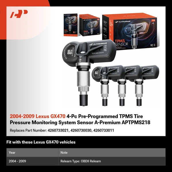 2004-2009 Lexus GX470 4-Pc Pre-Programmed TPMS Tire Pressure Monitoring System Sensor A-Premium APTPMS218