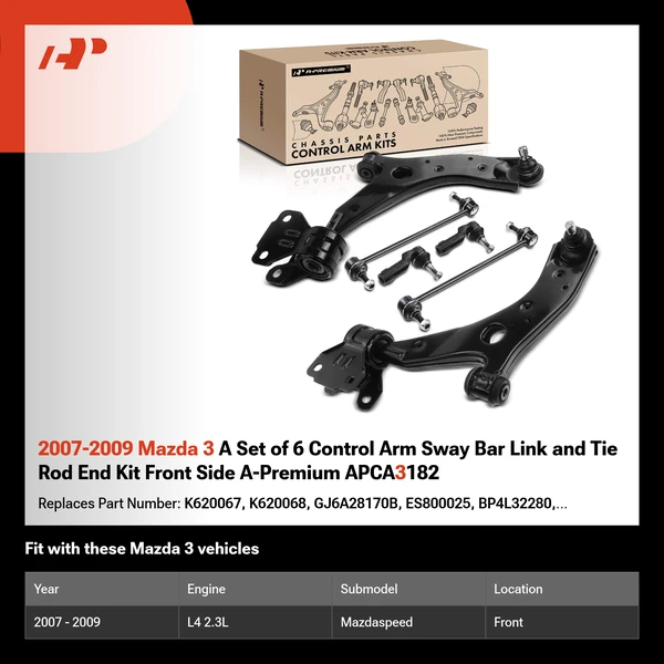 2007-2009 Mazda 3 A Set of 6 Control Arm Sway Bar Link and Tie Rod End Kit Front Side A-Premium APCA3182