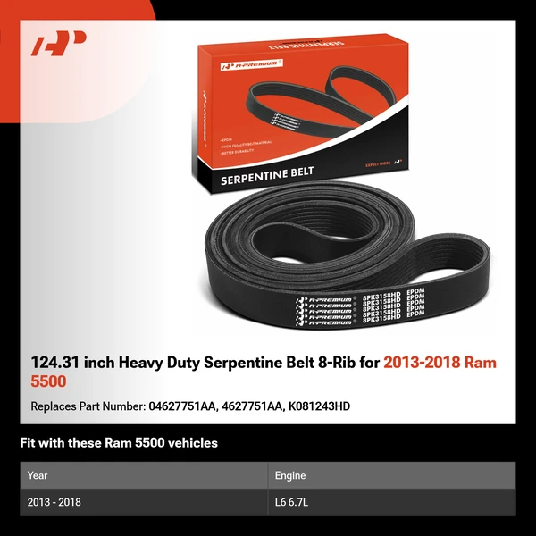 124.31 inch Heavy Duty Serpentine Belt 8-Rib for 2013-2018 Ram 5500