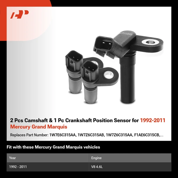 2 Pcs Camshaft & 1 Pc Crankshaft Position Sensor for 1992-2011 Mercury Grand Marquis