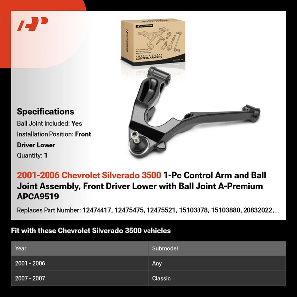 2001-2006 Chevrolet Silverado 3500 1-Pc Control Arm and Ball Joint Assembly, Front Driver Lower with Ball Joint A-Premium APCA9519