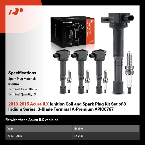 2013-2015 Acura ILX Ignition Coil and Spark Plug Kit Set of 8 Iridium Series, 3-Blade Terminal A-Premium APIC0767