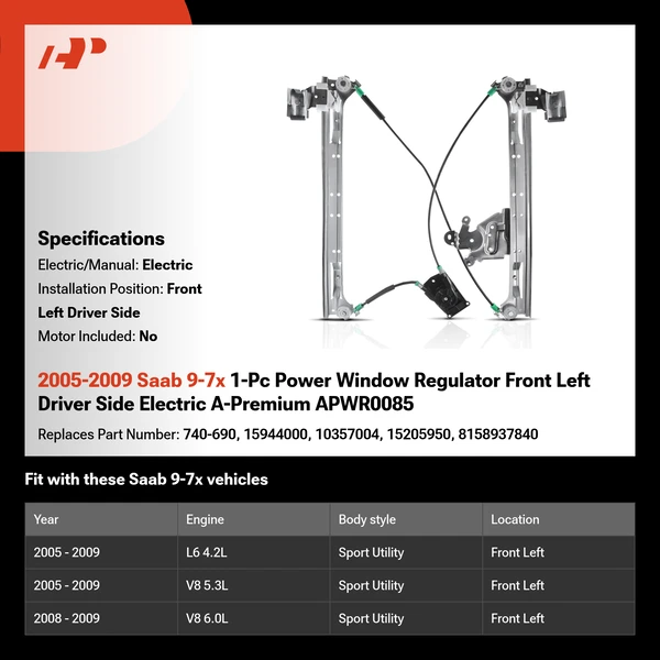 2005-2009 Saab 9-7x 1-Pc Power Window Regulator Front Left Driver Side Electric A-Premium APWR0085