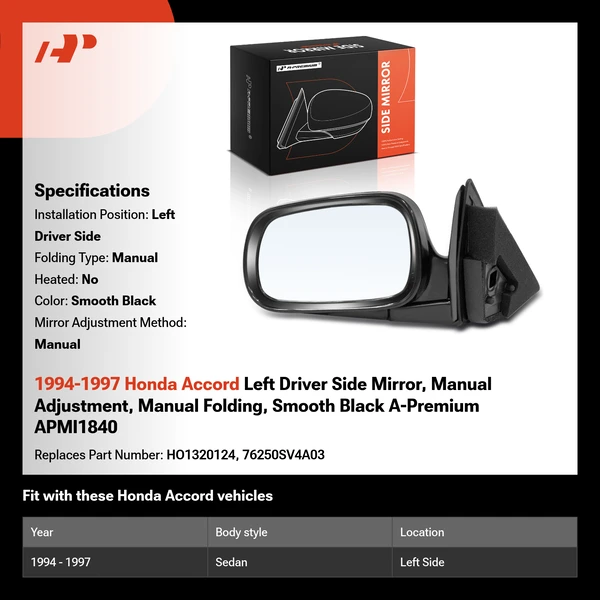1994-1997 Honda Accord Left Driver Side Mirror, Manual Adjustment, Manual Folding, Smooth Black A-Premium APMI1840