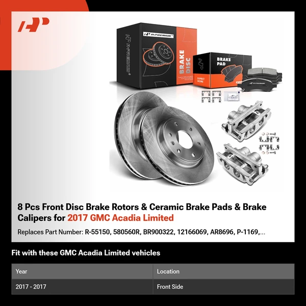 8 Pcs Front Disc Brake Rotors & Ceramic Brake Pads & Brake Calipers for 2017 GMC Acadia Limited