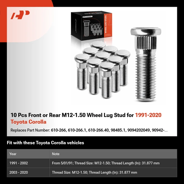 10 Pcs Front or Rear M12-1.50 Wheel Lug Stud for 1991-2020 Toyota Corolla