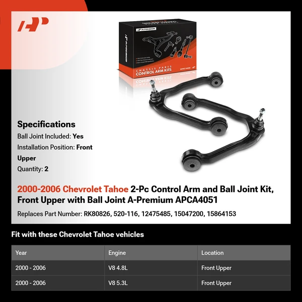 2000-2006 Chevrolet Tahoe 2-Pc Control Arm and Ball Joint Kit, Front Upper with Ball Joint A-Premium APCA4051