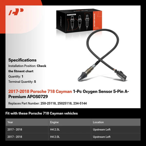 2017-2018 Porsche 718 Cayman 1-Pc Oxygen Sensor 5-Pin A-Premium APOS0729
