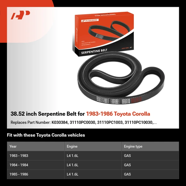 38.52 inch Serpentine Belt for 1983-1986 Toyota Corolla