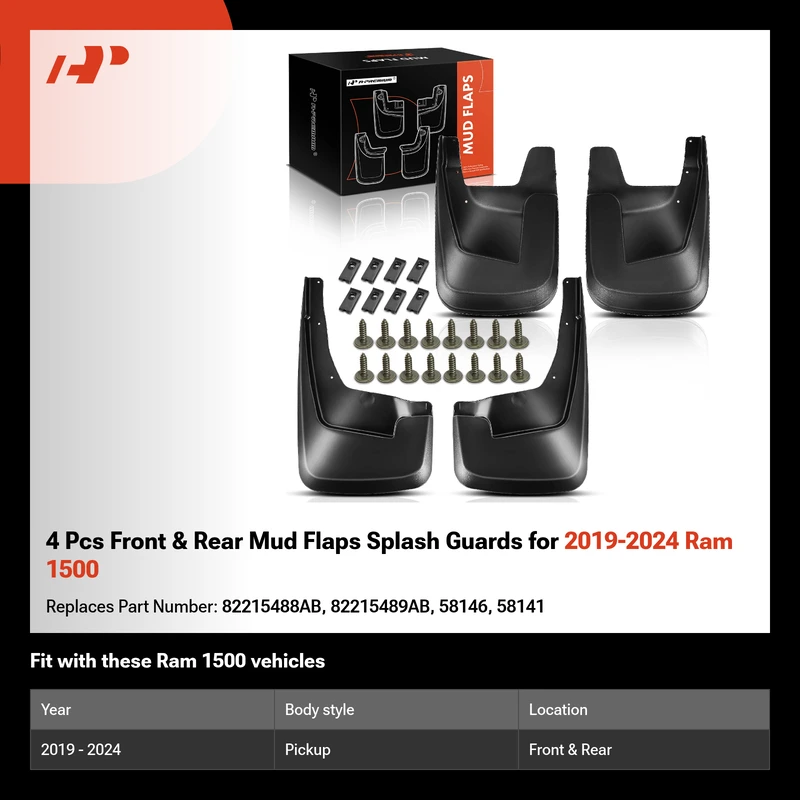 4 Pcs Front & Rear Mud Flaps Splash Guards for 2019-2024 Ram 1500