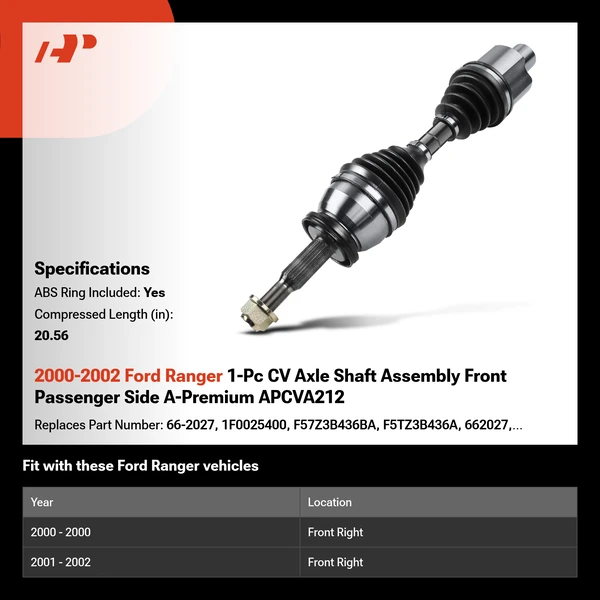 2000-2002 Ford Ranger 1-Pc CV Axle Shaft Assembly Front Passenger Side A-Premium APCVA212