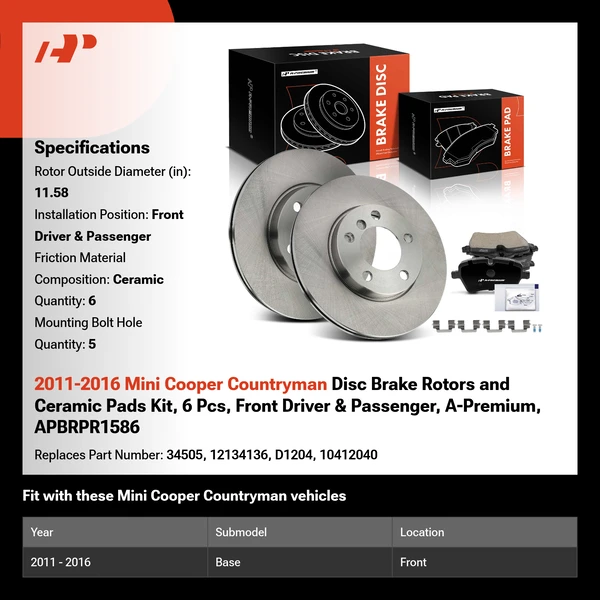 2011-2016 Mini Cooper Countryman Disc Brake Rotors and Ceramic Pads Kit, 6 Pcs, Front Driver & Passenger, A-Premium, APBRPR1586