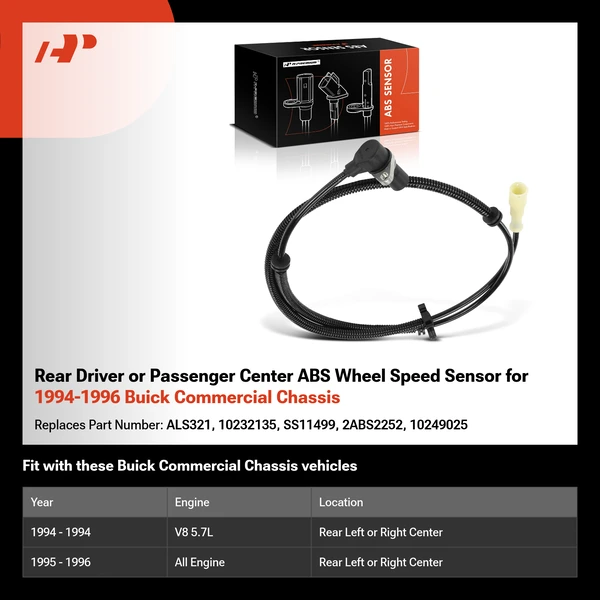 Rear Driver or Passenger Center ABS Wheel Speed Sensor for 1994-1996 Buick Commercial Chassis