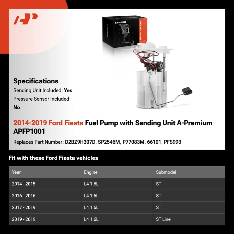 2014-2019 Ford Fiesta Fuel Pump with Sending Unit A-Premium APFP1001