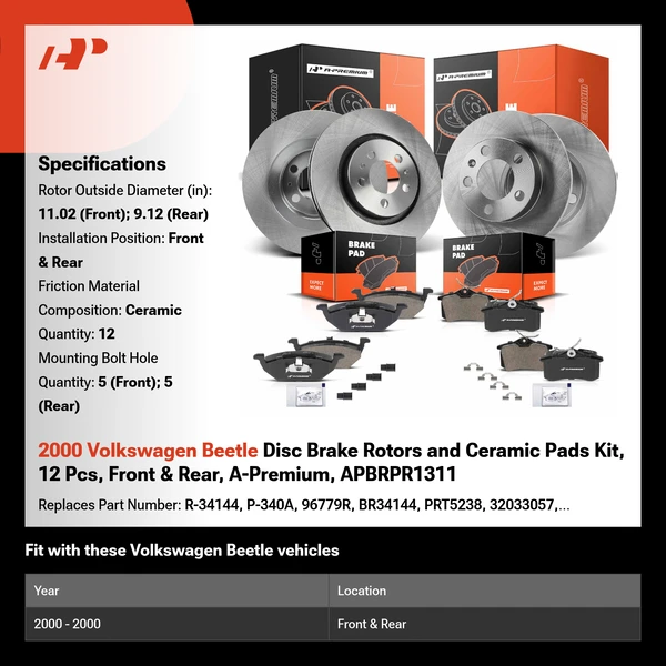 2000 Volkswagen Beetle Disc Brake Rotors and Ceramic Pads Kit, 12 Pcs, Front & Rear, A-Premium, APBRPR1311