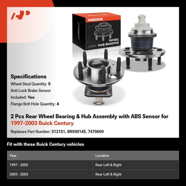 2 Pcs Rear Wheel Bearing & Hub Assembly with ABS Sensor for 1997-2003 Buick Century