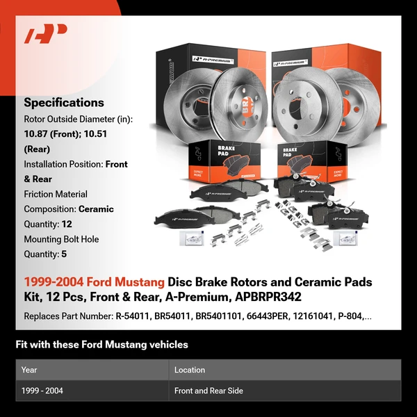 1999-2004 Ford Mustang Disc Brake Rotors and Ceramic Pads Kit, 12 Pcs, Front & Rear, A-Premium, APBRPR342
