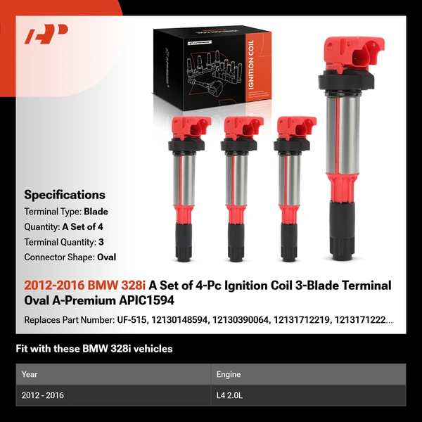 2012-2016 BMW 328i A Set of 4-Pc Ignition Coil 3-Blade Terminal Oval A-Premium APIC1594