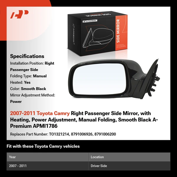 2007-2011 Toyota Camry Right Passenger Side Mirror, with Heating, Power Adjustment, Manual Folding, Smooth Black A-Premium APMI1786