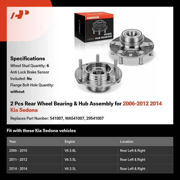 2 Pcs Rear Wheel Bearing & Hub Assembly for 2006-2012 2014 Kia Sedona
