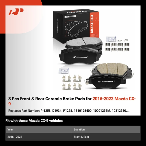 8 Pcs Front & Rear Ceramic Brake Pads for 2016-2022 Mazda CX-9