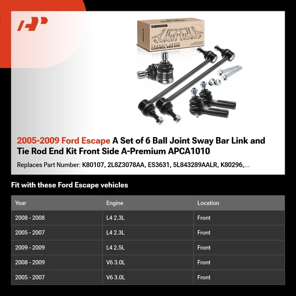 2005-2009 Ford Escape A Set of 6 Ball Joint Sway Bar Link and Tie Rod End Kit Front Side A-Premium APCA1010