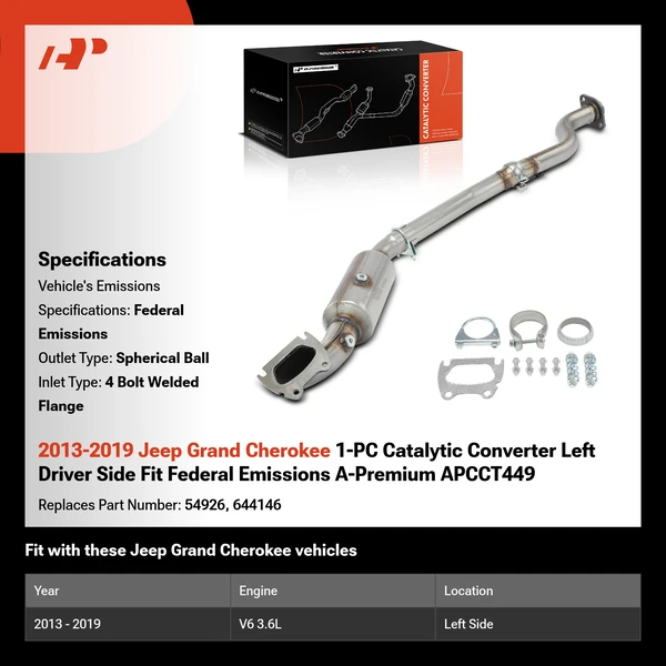 2013-2019 Jeep Grand Cherokee 1-PC Catalytic Converter Left Driver Side Fit Federal Emissions A-Premium APCCT449