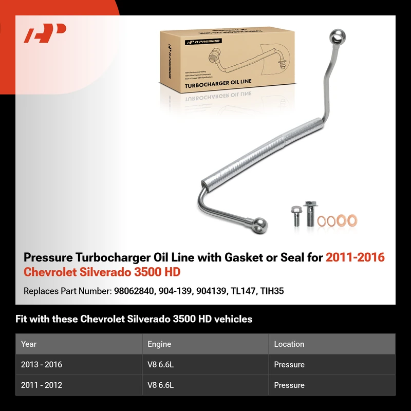 Pressure Turbocharger Oil Line with Gasket or Seal for 2011-2016 Chevrolet Silverado 3500 HD