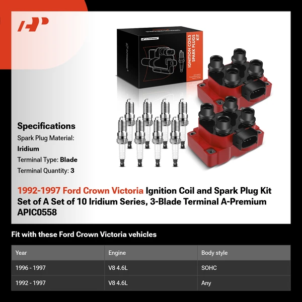 1992-1997 Ford Crown Victoria Ignition Coil and Spark Plug Kit Set of A Set of 10 Iridium Series, 3-Blade Terminal A-Premium APIC0558
