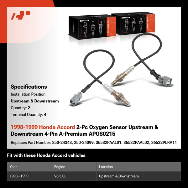 1998-1999 Honda Accord 2-Pc Oxygen Sensor Upstream & Downstream 4-Pin A-Premium APOS0215
