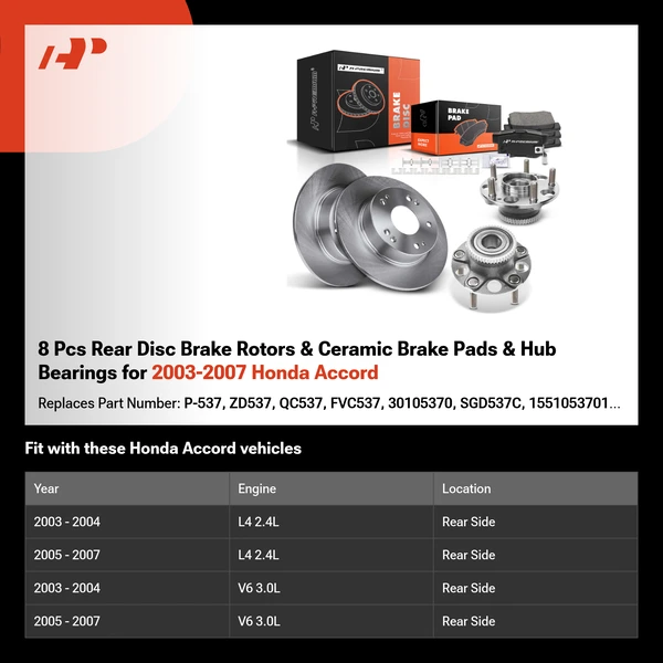 8 Pcs Rear Disc Brake Rotors & Ceramic Brake Pads & Hub Bearings for 2003-2007 Honda Accord