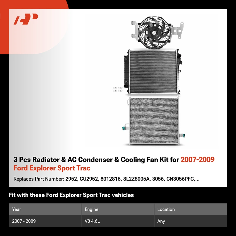 3 Pcs Radiator & AC Condenser & Cooling Fan Kit for 2007-2009 Ford Explorer Sport Trac