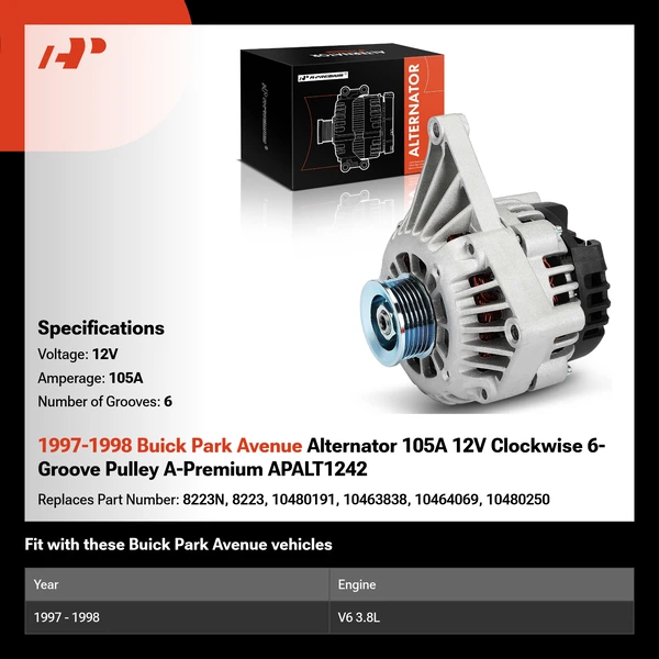 1997-1998 Buick Park Avenue Alternator 105A 12V Clockwise 6-Groove Pulley A-Premium APALT1242