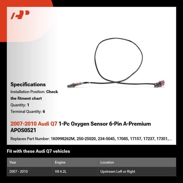 2007-2010 Audi Q7 1-Pc Oxygen Sensor 6-Pin A-Premium APOS0521