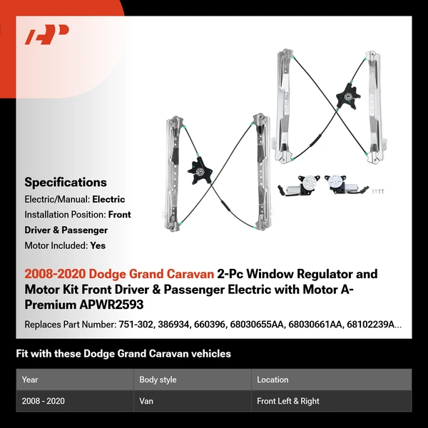 2008-2020 Dodge Grand Caravan 2-Pc Window Regulator and Motor Kit Front Driver & Passenger Electric with Motor A-Premium APWR2593