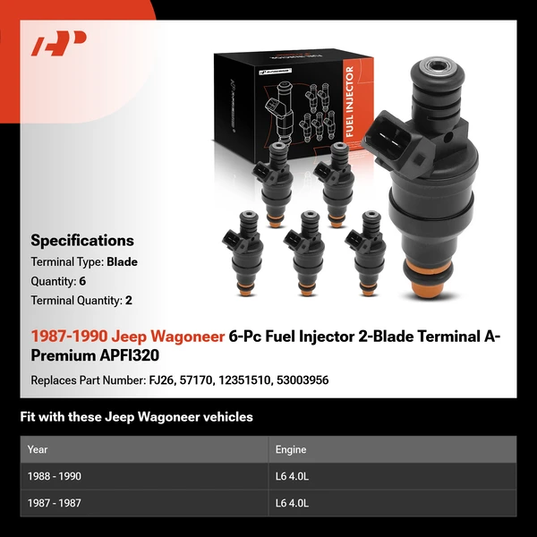 1987-1990 Jeep Wagoneer 6-Pc Fuel Injector 2-Blade Terminal A-Premium APFI320