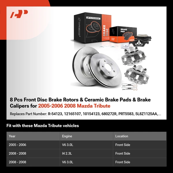 8 Pcs Front Disc Brake Rotors & Ceramic Brake Pads & Brake Calipers for 2005-2006 2008 Mazda Tribute