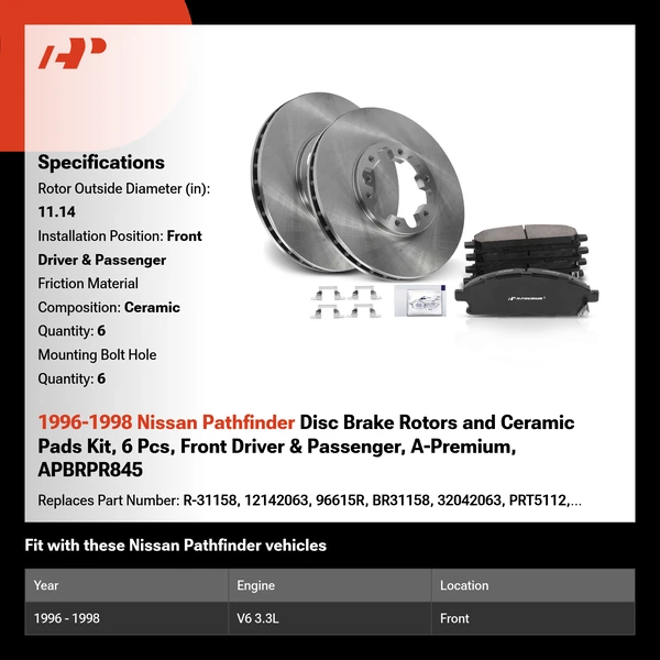 1996-1998 Nissan Pathfinder Disc Brake Rotors and Ceramic Pads Kit, 6 Pcs, Front Driver & Passenger, A-Premium, APBRPR845