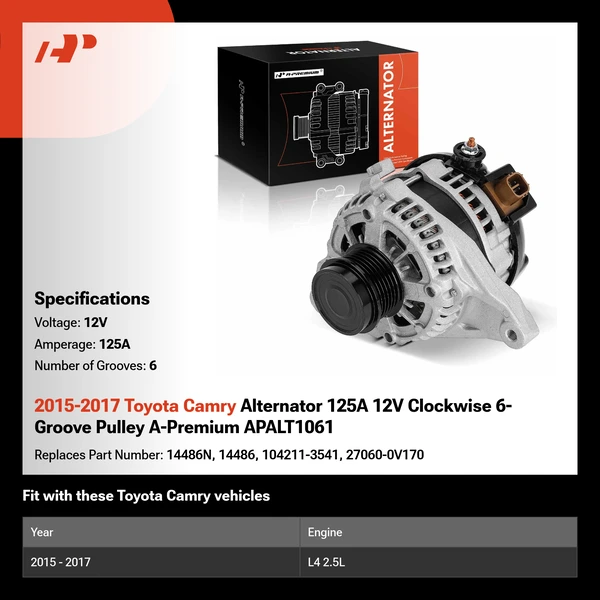 2015-2017 Toyota Camry Alternator 125A 12V Clockwise 6-Groove Pulley A-Premium APALT1061