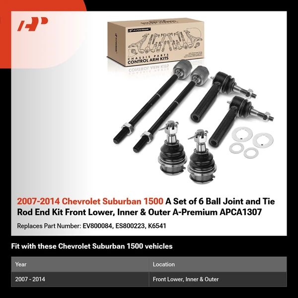 2007-2014 Chevrolet Suburban 1500 A Set of 6 Ball Joint and Tie Rod End Kit Front Lower, Inner & Outer A-Premium APCA1307