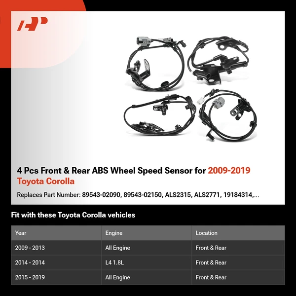 4 Pcs Front & Rear ABS Wheel Speed Sensor for 2009-2019 Toyota Corolla