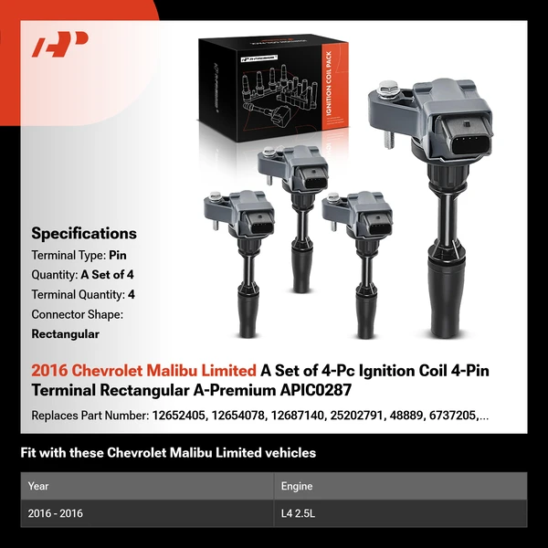 2016 Chevrolet Malibu Limited A Set of 4-Pc Ignition Coil 4-Pin Terminal Rectangular A-Premium APIC0287