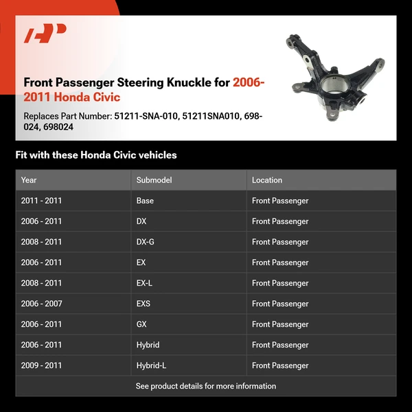 Front Passenger Steering Knuckle for 2006-2011 Honda Civic