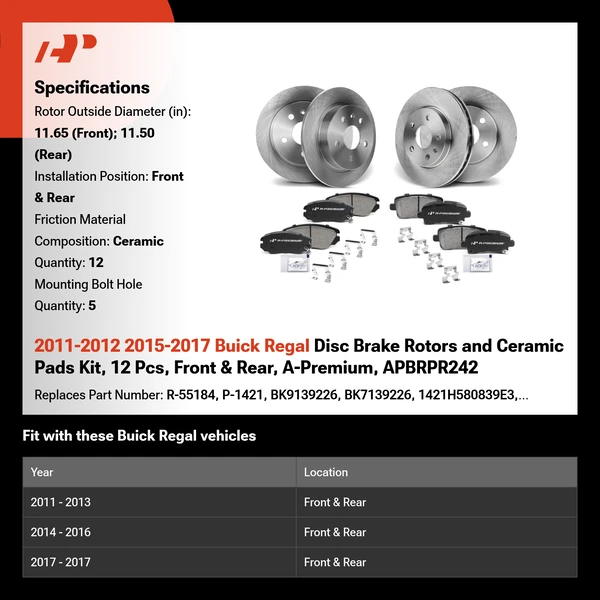 2011-2012 2015-2017 Buick Regal Disc Brake Rotors and Ceramic Pads Kit, 12 Pcs, Front & Rear, A-Premium, APBRPR242
